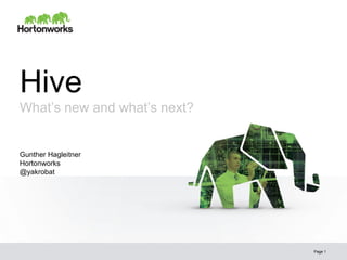 Hive
What’s new and what’s next?


Gunther Hagleitner
Hortonworks
@yakrobat




                              Page 1
 