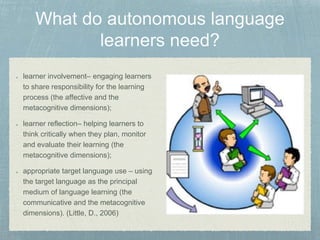learner involvement– engaging learners 
to share responsibility for the learning 
process (the affective and the 
metacognitive dimensions); 
learner reflection– helping learners to 
think critically when they plan, monitor 
and evaluate their learning (the 
metacognitive dimensions); 
appropriate target language use – using 
the target language as the principal 
medium of language learning (the 
communicative and the metacognitive 
dimensions). (Little, D., 2006) 
 