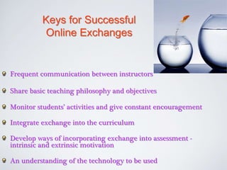 Keys for Successful 
Online Exchanges 
Frequent communication between instructors 
Share basic teaching philosophy and objectives 
Monitor students’ activities and give constant encouragement 
Integrate exchange into the curriculum 
Develop ways of incorporating exchange into assessment - 
intrinsic and extrinsic motivation 
An understanding of the technology to be used 
 
