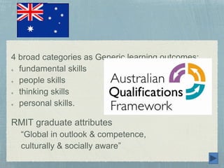 4 broad categories as Generic learning outcomes: 
fundamental skills 
people skills 
thinking skills 
personal skills. 
RMIT graduate attributes 
“Global in outlook & competence, 
culturally & socially aware” 
 