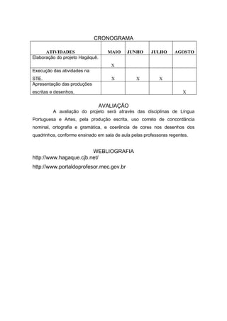 CRONOGRAMA

      ATIVIDADES                   MAIO     JUNHO      JULHO      AGOSTO
Elaboração do projeto Hagáquê.
                                    X
Execução das atividades na
STE.                                 X          X          X
Apresentação das produções
escritas e desenhos.                                                  X


                                 AVALIAÇÃO
         A avaliação do projeto será através das disciplinas de Língua
Portuguesa e Artes, pela produção escrita, uso correto de concordância
nominal, ortografia e gramática, e coerência de cores nos desenhos dos
quadrinhos, conforme ensinado em sala de aula pelas professoras regentes.


                        WEBLIOGRAFIA
http://www.hagaque.cjb.net/
http://www.portaldoprofesor.mec.gov.br
 