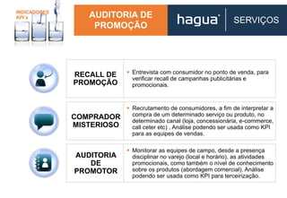 RECALL DE
PROMOÇÃO
COMPRADOR
MISTERIOSO
AUDITORIA
DE
PROMOTOR
 Entrevista com consumidor no ponto de venda, para
verificar recall de campanhas publicitárias e
promocionais.
 Recrutamento de consumidores, a fim de interpretar a
compra de um determinado serviço ou produto, no
determinado canal (loja, concessionária, e-commerce,
call ceter etc) . Análise podendo ser usada como KPI
para as equipes de vendas.
 Monitorar as equipes de campo, desde a presença
disciplinar no varejo (local e horário), as atividades
promocionais, como também o nível de conhecimento
sobre os produtos (abordagem comercial). Análise
podendo ser usada como KPI para terceirização.
AUDITORIA DE
PROMOÇÃO
SERVIÇOS
 