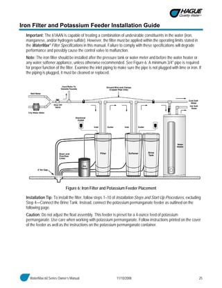 WaterMax 60 Series Owner’s Manual 11/10/2008 25
Iron Filter and Potassium Feeder Installation Guide
Important: The 61AAN is capable of treating a combination of undesirable constituents in the water (iron,
manganese, and/or hydrogen sulfide). However, the filter must be applied within the operating limits stated in
the WaterMax® Filter Specifications in this manual. Failure to comply with these specifications will degrade
performance and possibly cause the control valve to malfunction.
Note: The iron filter should be installed after the pressure tank or water meter and before the water heater or
any water softener appliance, unless otherwise recommended. See Figure 6. A minimum 3/4" pipe is required
for proper function of the filter. Examine the inlet piping to make sure the pipe is not plugged with lime or iron. If
the piping is plugged, it must be cleaned or replaced.
Figure 6: Iron Filter and Potassium Feeder Placement
Installation Tip: To install the filter, follow steps 1–10 of Installation Steps and Start-Up Procedures, excluding
Step 4—Connect the Brine Tank. Instead, connect the potassium permanganate feeder as outlined on the
following page.
Caution: Do not adjust the float assembly. This feeder is preset for a 4-ounce feed of potassium
permanganate. Use care when working with potassium permanganate. Follow instructions printed on the cover
of the feeder as well as the instructions on the potassium permanganate container.
 