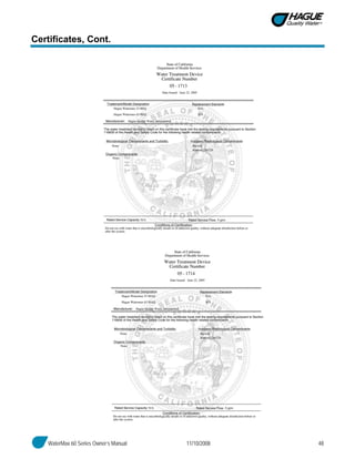 WaterMax 60 Series Owner’s Manual 11/10/2008 48
Certificates, Cont.
 
