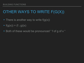 BUILDING FUNCTIONS
OTHER WAYS TO WRITE F(G(X))
▸There is another way to write f(g(x))
▸f(g(x)) = (f o g)(x)
▸Both of these would be pronounced “ f of g of x “
 