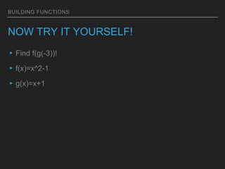 BUILDING FUNCTIONS
NOW TRY IT YOURSELF!
▸Find f(g(-3))!
▸f(x)=x^2-1
▸g(x)=x+1
 