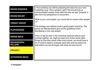 © 2015 by Kai Platschke
TWO DAYS
All this can be done in a 2-3 day workshop, plus a good preparation beforehand and recap
afterwards. Participants should be the marketing people of the brand (2-3), external consultants/
agencies that know the brand well (e.g. event, social or pr, 1-2) and us* (1-2) - a total of
approximately 6.
DAY01 DAY02
Introductions, objectives, common ground Framework
Brand, target group, playground and role Projects, actions and channels
Testing the above Decisions and next steps
 