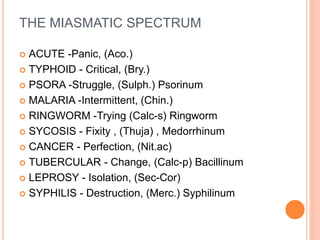 THE MIASMATIC SPECTRUM
 ACUTE -Panic, (Aco.)
 TYPHOID - Critical, (Bry.)
 PSORA -Struggle, (Sulph.) Psorinum
 MALARIA -Intermittent, (Chin.)
 RINGWORM -Trying (Calc-s) Ringworm
 SYCOSIS - Fixity , (Thuja) , Medorrhinum
 CANCER - Perfection, (Nit.ac)
 TUBERCULAR - Change, (Calc-p) Bacillinum
 LEPROSY - Isolation, (Sec-Cor)
 SYPHILIS - Destruction, (Merc.) Syphilinum
 