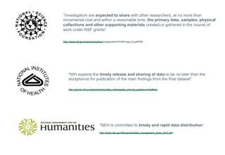 “Investigators are expected to share with other researchers, at no more than 
incremental cost and within a reasonable time, the primary data, samples, physical 
collections and other supporting materials created or gathered in the course of 
work under NSF grants” 
http://www.nsf.gov/pubs/policydocs/pappguide/nsf11001/aag_6.jsp#VID4 
“NIH expects the timely release and sharing of data to be no later than the 
acceptance for publication of the main findings from the final dataset” 
http://grants.nih.gov/grants/policy/data_sharingdata_sharing_guidance.htm#time 
“NEH is committed to timely and rapid data distribution” 
http://www.neh.gov/files/grants/data_management_plans_2012.pdf 
 