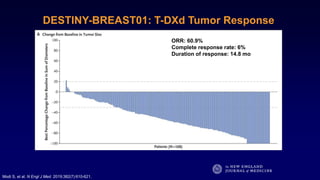 Modi S, et al. N Engl J Med. 2019;382(7):610-621.
DESTINY-BREAST01: T-DXd Tumor Response
ORR: 60.9%
Complete response rate: 6%
Duration of response: 14.8 mo
 