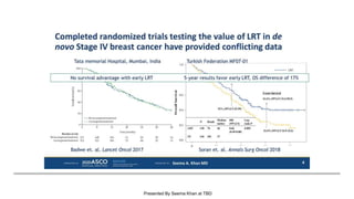 Completed randomized trials testing the value of LRT in de novo Stage IV breast cancer have provided conflicting data
Presented By Seema Khan at TBD
 