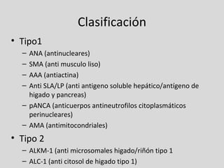 Clasificación Tipo1 ANA (antinucleares) SMA (anti musculo liso) AAA (antiactina) Anti SLA/LP (anti antigeno soluble hepático/antígeno de higado y pancreas) pANCA (anticuerpos antineutrofilos citoplasmáticos perinucleares) AMA (antimitocondriales) Tipo 2 ALKM-1 (anti microsomales higado/riñón tipo 1 ALC-1 (anti citosol de higado tipo 1) 