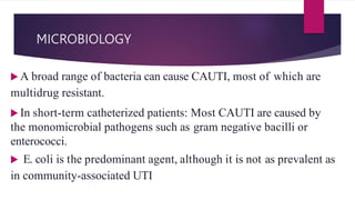 MICROBIOLOGY
 A broad range of bacteria can cause CAUTI, most of which are
multidrug resistant.
 In short-term catheterized patients: Most CAUTI are caused by
the monomicrobial pathogens such as gram negative bacilli or
enterococci.
 E. coli is the predominant agent, although it is not as prevalent as
in community-associated UTI
 