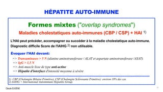 Claude EUGÈNE
HÉPATITE AUTO-IMMUNE
Formes mixtes ("overlap syndromes")
Maladies cholestatiques auto-immunes (CBP / CSP) + HAI 1)
L'HAI peut précéder, accompagner ou succéder à la maladie cholestatique auto-immune.
Diagnostic difficile Score de l'IAIHG 2) non utilisable.
Évoquer l'HAI devant:
=> Transaminases > 5 N (alanine aminotransferase / ALAT et aspartate aminotransferase /ASAT).
=> IgG > 1,5 N
=> Anti-muscle lisse de type anti-actine
=> Hépatite d'interface d'intensité moyenne à sévère
...................................................................................................................................
1) CBP (Cholangite Biliaire Primitive), CSP (Cholangite Sclérosante Primitive): environ 10% des cas.
2) IAIHG = International Autoimmune Hepatitis Group.
21
 