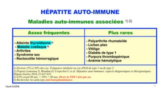 Claude EUGÈNE
HÉPATITE AUTO-IMMUNE
Maladies auto-immunes associées 1) 2)
23
Assez fréquentes Plus rares
- Atteinte thyroïdienne 3)
- Maladie coeliaque 4)
- Arthrites
- Syndrome sec
- Rectocolite hémorragique
- Polyarthrite rhumatoïde
- Lichen plan
- Vitiligo
- Diabète de type 1
- Purpura thrombopénique
- Anémie hémolytique
1) Environ 15% à 50% des cas. Fréquence similaire en cas d'HAI de type 1 ou de type 2.
2) D'après Lemoinne S, Wendum D, Corpechot C et al. Hépatites auto-immunes: aspects diagnostiques et thérapeutiques.
Hépato-Gastro 2016;23:637-652.
3) 8,9% avant 60 ans, > 20% > 60 ans. Doser la TSH 1 fois par an.
4) Rechercher les anticorps anti-transglutaminases
 