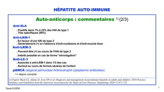 Claude EUGÈNE
HÉPATITE AUTO-IMMUNE
Auto-anticorps : commentaires 1) (2/3)
Anti-SLA
. Positifs dans 7% à 22% des HAI de type 1
. Très spécifiques (99%)
Anti-LKM-1
. En faveur d'une HAI de type 2
. Généralement (+) en l'absence d'anti-nucléaires et d'anti-muscle lisse
Anti-LKM-3
. Peuvent être (+) au cours de l'HAI de type 2
. Intérêt possible en cas de forme "séronégative"
Anti-LC-1
. Associés à anti-LKM-1 dans 1/3 des cas
. Surtout au cours de formes sévères de l'enfant
pANCA (atypical perinuclear Antineutrophil cytoplasmic antibodies)
=> diapos suivante
..................................................................................................................................................................................................................................................................................................................
1) D'après Mack CL, Adams D, Assis DN et al. Diagnosis and management of autoimmune hepatitis in adults and children: 2019 Practice
Guidance and Guidelines from the American Association for the Study of Liver Diseases. Hepatology 2020;72:671-722.
30
 