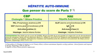 Claude EUGÈNE
HÉPATITE AUTO-IMMUNE
Que penser du score de Paris ? 1)
1) Chazouilleres O, Wendum D, Serfaty L et al. Primary biliary cirrhosis-autoimmune hepatitis overlap syndrome: clinical features and response
to therapy. Hepatology 1998;28:296-301.
2) Appelée cirrhose biliaire primitive auparavant.
43
CBP
Cholangite 2) Biliaire Primitive
HAI
Hépatite Auto-Immune
PAL (Phosphatases alcalines) > 2 N
ou
GGT (Gamma glutamyl transferase) > 5 N
+
Anti-mitochondries (+)
+
Histologie : lésions biliaires florides
ALAT (alanine aminotransferase) > 5 N
+
IgG > 2 N
ou
Anti-muscle lisse (+)
+
Histologie : hépatite d'interface
Commentaires Plus fiable que les scores de l'IAIHG. Risque possible de ne pas prendre en compte des cas de chevauchement
ayant des marqueurs moins nets de cholestase Mack CL, Adams D, Assis DN et al. Diagnosis and management of autoimmune
hepatitis in adults and children: 2019 Practice Guidance and Guidelines from the American Association for the Study of Liver
Diseases. Hepatology 2020;72:671-722.
 
