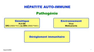 Claude EUGÈNE
HÉPATITE AUTO-IMMUNE
Pathogénie
6
Génétique
HLA B8
DR3 (DRB1*031) ou DR4 (DRB1*0401)
Environnement
Virus
Médicaments
Dérèglement immunitaire
 