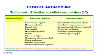 Claude EUGÈNE
HÉPATITE AUTO-IMMUNE
Traitement : Attention aux effets secondaires (1/2)
66
Predniso(lo)ne *) Effets secondaires Conduite à tenir
Faciès lunaire, vergetures
Hirsutisme, alopécie
Bosse de bison
Prise de poids
Hypertension artérielle
Diabète
Stéatose hépatique
Ostéoporose, tassement vertébral
Cataracte, glaucome
Infections opportunistes
Instabilité émotionnelle, psychose
Rechercher la dose minimum efﬁcace
Tenter l'arrêt en cas de rémission
Ostéodensitométrie, calcium, vitamine D
Régime, activité physique
Surveillance ophtalmologique
Surveillance psychologique
* Budésonide: effets secondaires réduits. Mais ne pas prescrire en cas de cirrhose ou d'hépatite auto-immune aiguë sévère.
 