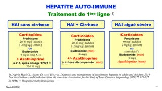 Claude EUGÈNE
HÉPATITE AUTO-IMMUNE
Traitement de 1ère ligne 1)
1) D'après Mack CL, Adams D, Assis DN et al. Diagnosis and management of autoimmune hepatitis in adults and children: 2019
Practice Guidance and Guidelines from the American Association for the Study of Liver Diseases. Hepatology 2020;72:671-722.
2) TPMT = Thiopurine methyltransferase
68
HAI sans cirrhose HAI + Cirrhose HAI aiguë sévère
Corticoïdes
Prednisone
20-40 mg/j (adulte)
1-2 mg/kg/j (enfant)
ou
Budesonide
9 mg/j (3 mg X 3)
+ Azathioprine
à J15, après dosage TPMT 2)
50-150 mg/j
Corticoïdes
Prednisone
20-40 mg/j (adulte)
1-2 mg/kg/j (enfant)
Budesonide (non)
9 mg/j
+/- Azathioprine
(cirrhose décompensée : non)
Corticoïdes
Prednisone
60 mg/j (adulte)
2 mg/kg/j (enfant)
ou
corticoIde IV
Budesonide (non)
9 mg/j
Azathioprine (non)
 