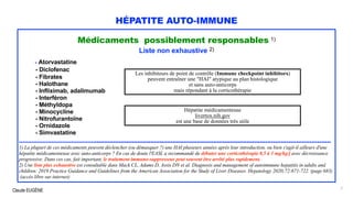 Claude EUGÈNE
HÉPATITE AUTO-IMMUNE
Médicaments possiblement responsables 1)
Liste non exhaustive 2)
- Atorvastatine
- Diclofenac
- Fibrates
- Halothane
- Infliximab, adalimumab
- Interféron
- Méthyldopa
- Minocycline
- Nitrofurantoïne
- Ornidazole
- Simvastatine
........................................................................................................................................................................
1) La plupart de ces médicaments peuvent déclencher (ou démasquer ?) une HAI plusieurs années après leur introduction, ou bien s'agit-il ailleurs d'une
hépatite médicamenteuse avec auto-anticorps ? En cas de doute l'EASL a recommandé de débuter une corticothérapie 0,5 à 1 mg/kg/j avec décroissance
progressive. Dans ces cas, fait important, le traitement immuno-suppresseur peut souvent être arrêté plus rapidement.
2) Une liste plus exhaustive est consultable dans Mack CL, Adams D, Assis DN et al. Diagnosis and management of autoimmune hepatitis in adults and
children: 2019 Practice Guidance and Guidelines from the American Association for the Study of Liver Diseases. Hepatology 2020;72:671-722. (page 683)
(accès libre sur internet)
7
Les inhibiteurs de point de contrôle (Immune checkpoint inhibitors)
peuvent entraîner une "HAI" atypique au plan histologique
et sans auto-anticorps
mais répondant à la corticothérapie
Hépatite médicamenteuse
livertox.nih.gov
est une base de données très utile
 