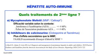 Claude EUGÈNE
HÉPATITE AUTO-IMMUNE
Quels traitements de 2ème ligne ?
a) Mycophenolate Mofetil (MMF / Cellcept*)
Efficacité variable selon le contexte:
. Intolérance à l'azathioprine (AZA) ........... => # 60%
. Échec de l'association prednisone-AZA ... => # 40%
b) Inhibiteurs de calcineurine (Ciclosporine et Tacrolimus)
Plus d'effets secondaires que le MMF,
l'AASLD recommande d'essayer d'abord le MMF 1)
..........................................................................................................................................................................
1) Mack CL, Adams D, Assis DN et al. Diagnosis and management of autoimmune hepatitis in adults and children: 2019 Practice
Guidance and Guidelines from the American Association for the Study of Liver Diseases. Hepatology 2020;72:671-722.
77
 