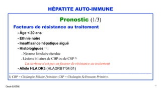 Claude EUGÈNE
HÉPATITE AUTO-IMMUNE
Pronostic (1/3)
Facteurs de résistance au traitement
- Âge < 30 ans
- Ethnie noire
- Insuffisance hépatique aiguë
- Histologiques 1) :
. Nécrose lobulaire étendue
. Lésions biliaires de CBP ou de CSP 2)
La cirrhose n'est pas un facteur de résistance au traitement
- Allèle HLA DR3 (HLADRB1*04:01)
...........................................................................................................................................................................
1) CBP = Cholangite Biliaire Primitive; CSP = Cholangite Sclérosante Primitive.
91
 