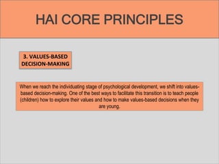 HAI CORE PRINCIPLES
When we reach the individuating stage of psychological development, we shift into values-
based decision-making. One of the best ways to facilitate this transition is to teach people
(children) how to explore their values and how to make values-based decisions when they
are young.
3. VALUES-BASED
DECISION-MAKING
 