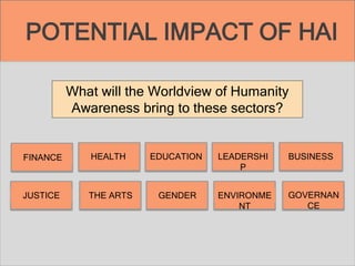 POTENTIAL IMPACT OF HAI
What will the Worldview of Humanity
Awareness bring to these sectors?
HEALTH EDUCATION LEADERSHI
P
BUSINESS
JUSTICE THE ARTS GENDER
FINANCE
ENVIRONME
NT
GOVERNAN
CE
 
