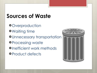 Sources of Waste
Overproduction
Waiting time
Unnecessary transportation
Processing waste
Inefficient work methods
Product defects
 