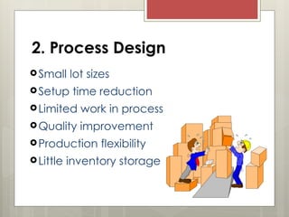 2. Process Design
Small lot sizes
Setup time reduction
Limited work in process
Quality improvement
Production flexibility
Little inventory storage
 