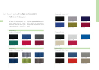 Mehr Auswahl: weitere trendige und klassische                                                         Kategorie B2 (Xtreme FR®)

            Farben für Ihr Sitzsystem

74           Sie haben Ihre Lieblingsfarbe beim favo-           nahezu alle HAIDER BIOSWING Sitzsysteme    B2 Schwarz YS 009           B2 Fehgrau YS 094      B2 Nachtblau YS 024     75
             risierten Sitzsystem noch nicht entdeckt?          an (bitte beachten Sie etwaige Beschrän-
             Dann schauen Sie sich hier einmal um: Die          kungen auf den entsprechenden Produkt-
             folgenden Bezüge bieten wir serienmäßig für        seiten).
                                                                                                           B2 Signalblau YS 082        B2 Farngrün YS 077     B2 Rot YS 106



             Preisgruppe A
             Kategorie A1 (Perfentex®)                                                                     Kategorie B3 (Skai)




             A1 Schwarz FL 019                A1 Saphirblau FL 757               A1 Braungrau FL 815       B3 Schwarz KL 1195          B3 Hellgrau KL 1288    B3 Marineblau KL 1453




             A1 Patinagrün FL 771             A1 Rot FL 076                       A1 Weinrot FL 801        B3 Sand KL 1230             B3 Rot 1454



             Preisgruppe B                                                                                 Preisgruppe C
             Kategorie B1 (Perfentex® Plus)                                                                Kategorie C1 (Wolle / Nylon)




             B1 Anthrazit CSP 20              B1 Platingrau CSP 38               B1 Capriblau CSP 09       C1 Schwarz BA 001           C1 Enzianblau BA 018   C1 Silbergrau BA 009




             B1 Schwarzblau CSP 11            B1 Grasgrün CSP 29                 B1 Beigegrau CSP 02       C1 Mahagoni BA 015          C1 Orange BA 034       C1 Sandbeige BA 014
 