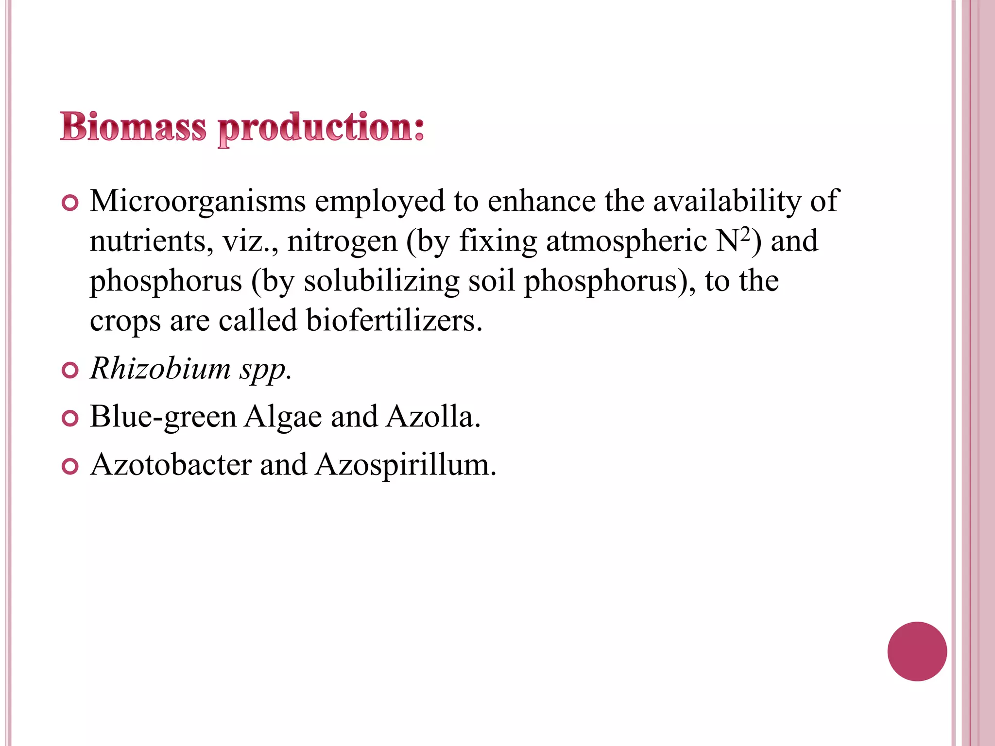  Microorganisms employed to enhance the availability of
nutrients, viz., nitrogen (by fixing atmospheric N2) and
phosphorus (by solubilizing soil phosphorus), to the
crops are called biofertilizers.
 Rhizobium spp.
 Blue-green Algae and Azolla.
 Azotobacter and Azospirillum.
 