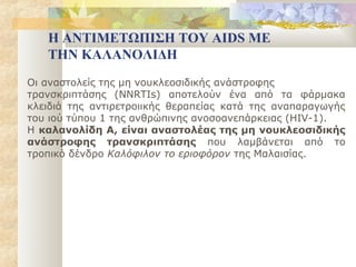 Η ΑΝΤΙΜΕΤΩΠΙΣΗ ΤΟΥ AIDS ΜΕ
   ΤΗΝ ΚΑΛΑΝΟΛΙΔΗ
Οι αναστολείς της μη νουκλεοσιδικής ανάστροφης
τρανσκριπτάσης (NNRTIs) αποτελούν ένα από τα φάρμακα
κλειδιά της αντιρετροιικής θεραπείας κατά της αναπαραγωγής
του ιού τύπου 1 της ανθρώπινης ανοσοανεπάρκειας (HIV-1).
Η καλανολίδη Α, είναι αναστολέας της μη νουκλεοσιδικής
ανάστροφης τρανσκριπτάσης που λαμβάνεται από το
τροπικό δένδρο Καλόφιλον το εριοφόρον της Μαλαισίας.
 