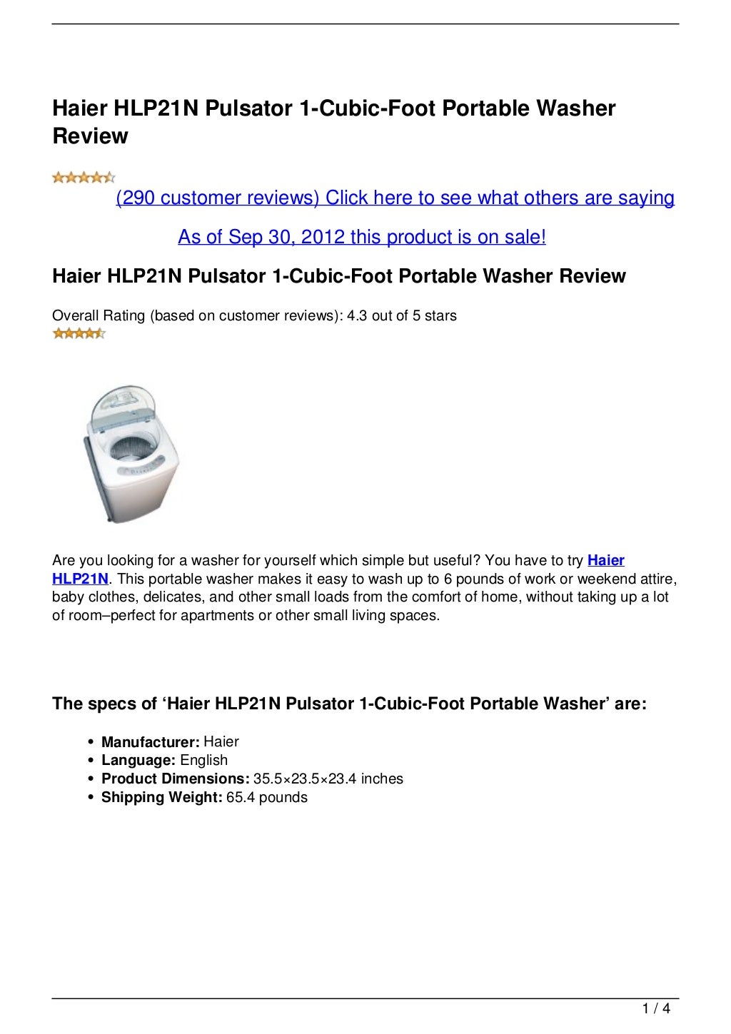 Haier HLP21N Pulsator 1CubicFoot Portable Washer Review