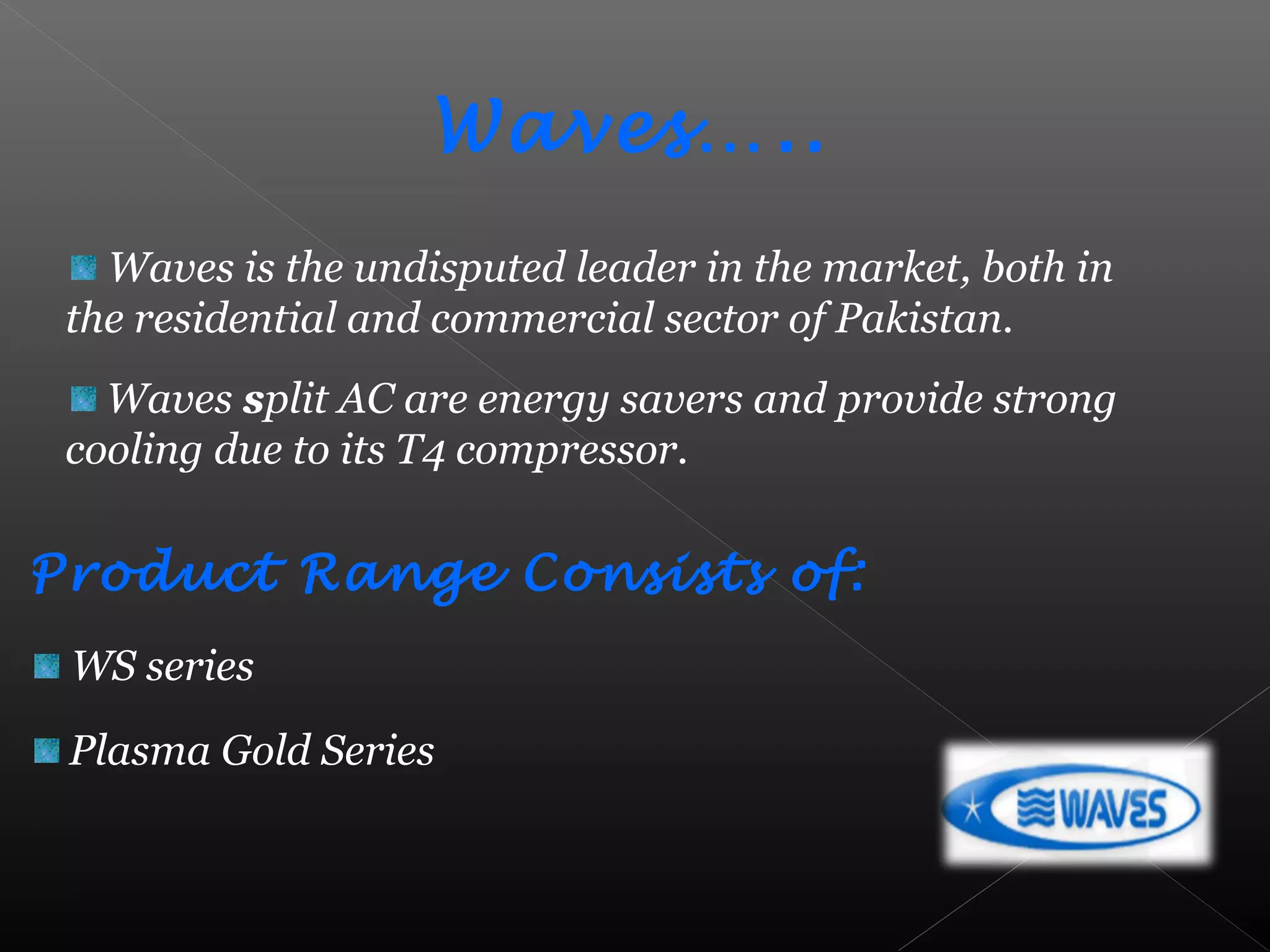 Waves is the undisputed leader in the market, both in
the residential and commercial sector of Pakistan.
Waves split AC are energy savers and provide strong
cooling due to its T4 compressor.
Waves…..
Product Range Consists of:
WS series
Plasma Gold Series
 