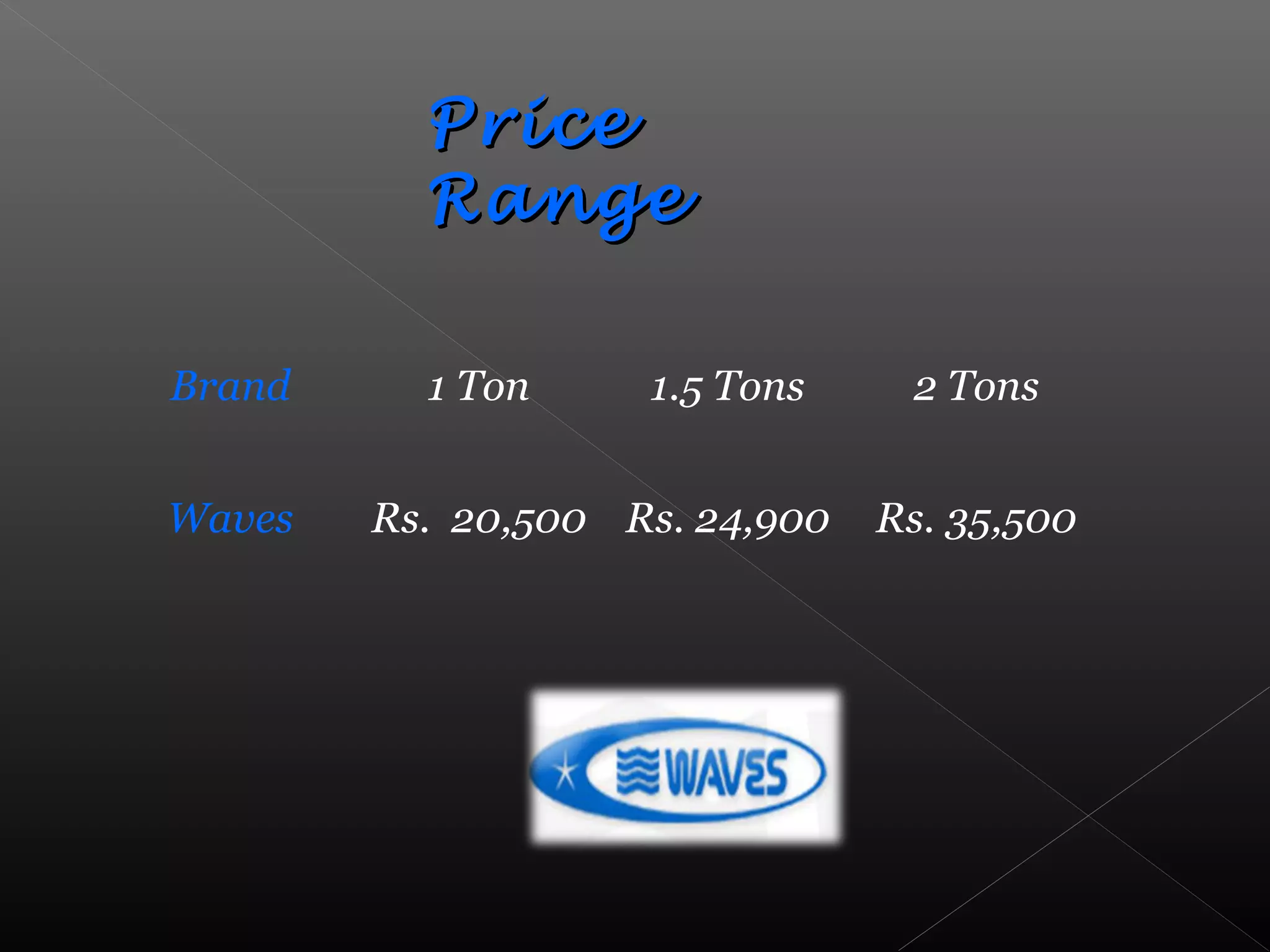 PricePrice
RangeRange
Brand 1 Ton 1.5 Tons 2 Tons
Waves Rs. 20,500 Rs. 24,900 Rs. 35,500
 