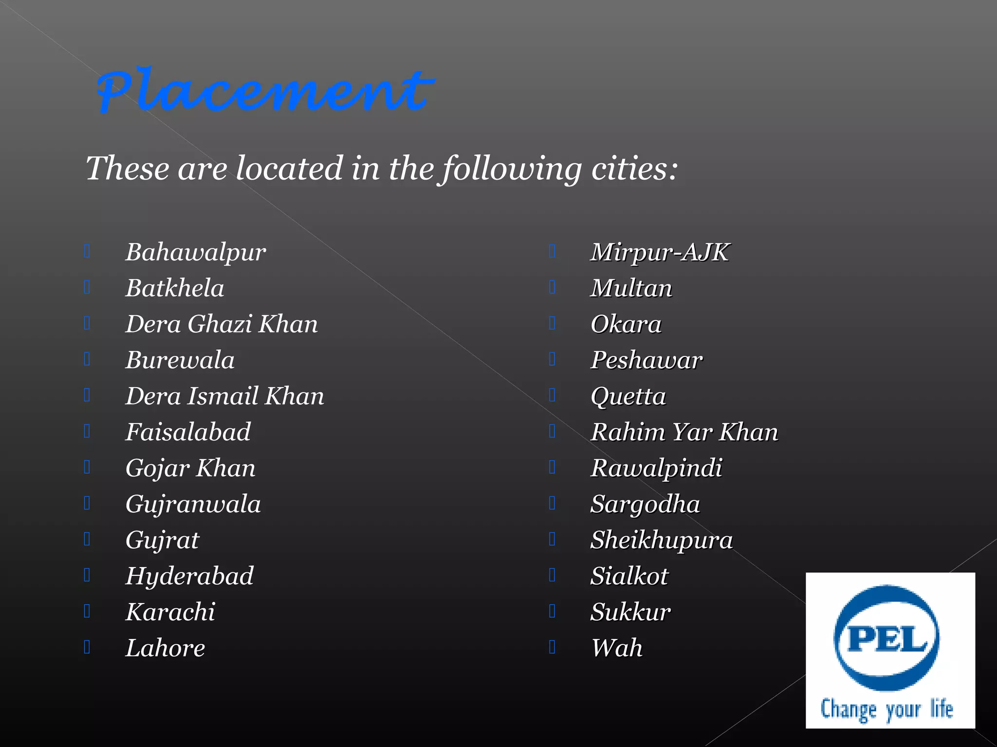  Bahawalpur
 Batkhela
 Dera Ghazi Khan
 Burewala
 Dera Ismail Khan
 Faisalabad
 Gojar Khan
 Gujranwala
 Gujrat
 Hyderabad
 Karachi
 Lahore
 Mirpur-AJKMirpur-AJK
 MultanMultan
 OkaraOkara
 PeshawarPeshawar
 QuettaQuetta
 Rahim Yar KhanRahim Yar Khan
 RawalpindiRawalpindi
 SargodhaSargodha
 SheikhupuraSheikhupura
 SialkotSialkot
 SukkurSukkur
 WahWah
These are located in the following cities:
Placement
 