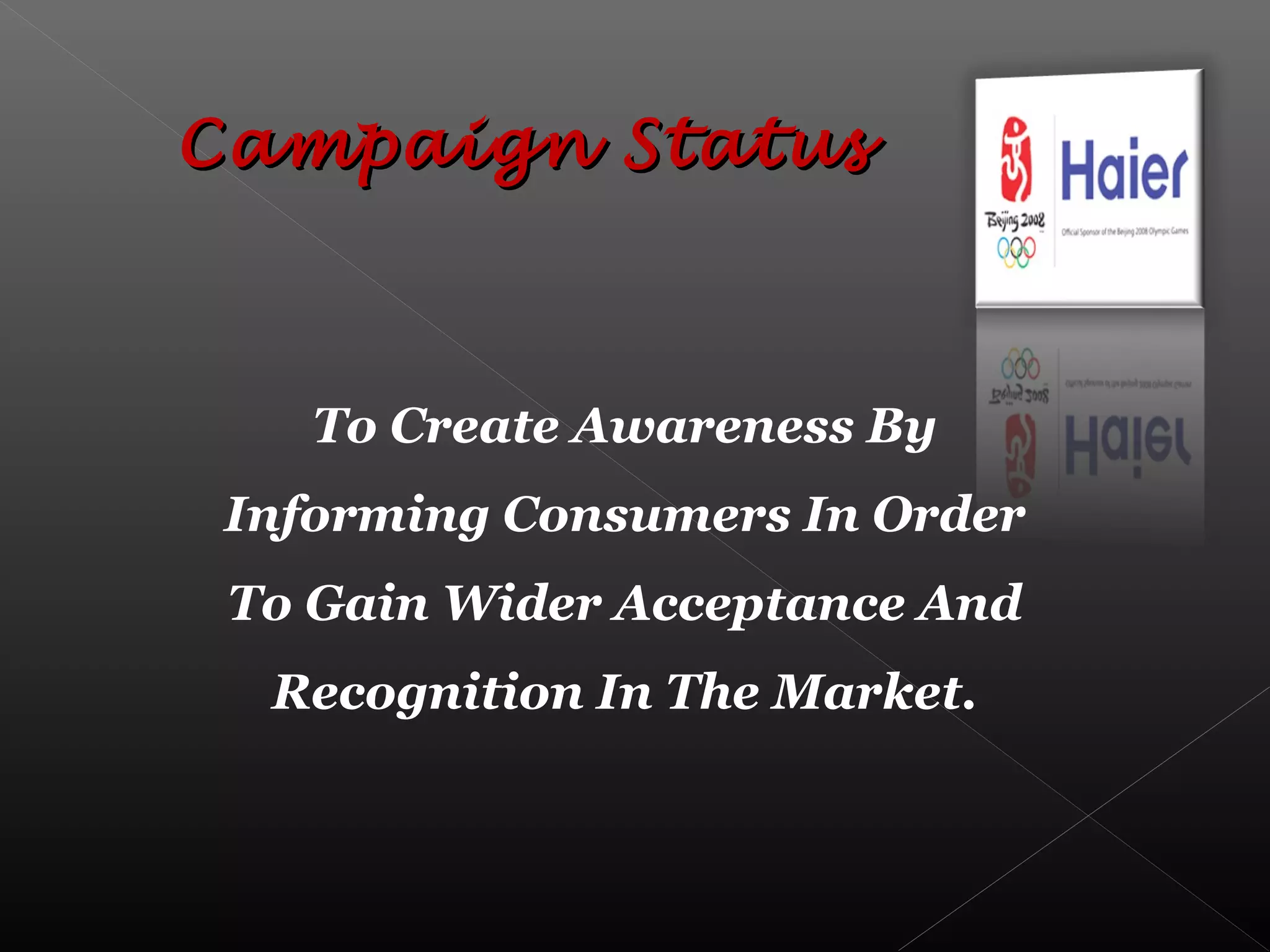 To Create Awareness By
Informing Consumers In Order
To Gain Wider Acceptance And
Recognition In The Market.
Campaign StatusCampaign Status
 
