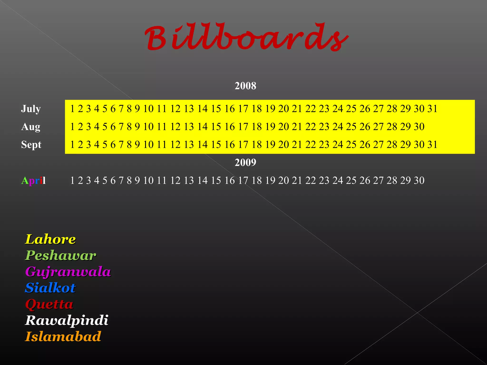 Billboards
LahoreLahore
PeshawarPeshawar
GujranwalaGujranwala
SialkotSialkot
QuettaQuetta
Rawalpindi
Islamabad
2008
July 1 2 3 4 5 6 7 8 9 10 11 12 13 14 15 16 17 18 19 20 21 22 23 24 25 26 27 28 29 30 31
Aug 1 2 3 4 5 6 7 8 9 10 11 12 13 14 15 16 17 18 19 20 21 22 23 24 25 26 27 28 29 30
Sept 1 2 3 4 5 6 7 8 9 10 11 12 13 14 15 16 17 18 19 20 21 22 23 24 25 26 27 28 29 30 31
2009
April 1 2 3 4 5 6 7 8 9 10 11 12 13 14 15 16 17 18 19 20 21 22 23 24 25 26 27 28 29 30
 