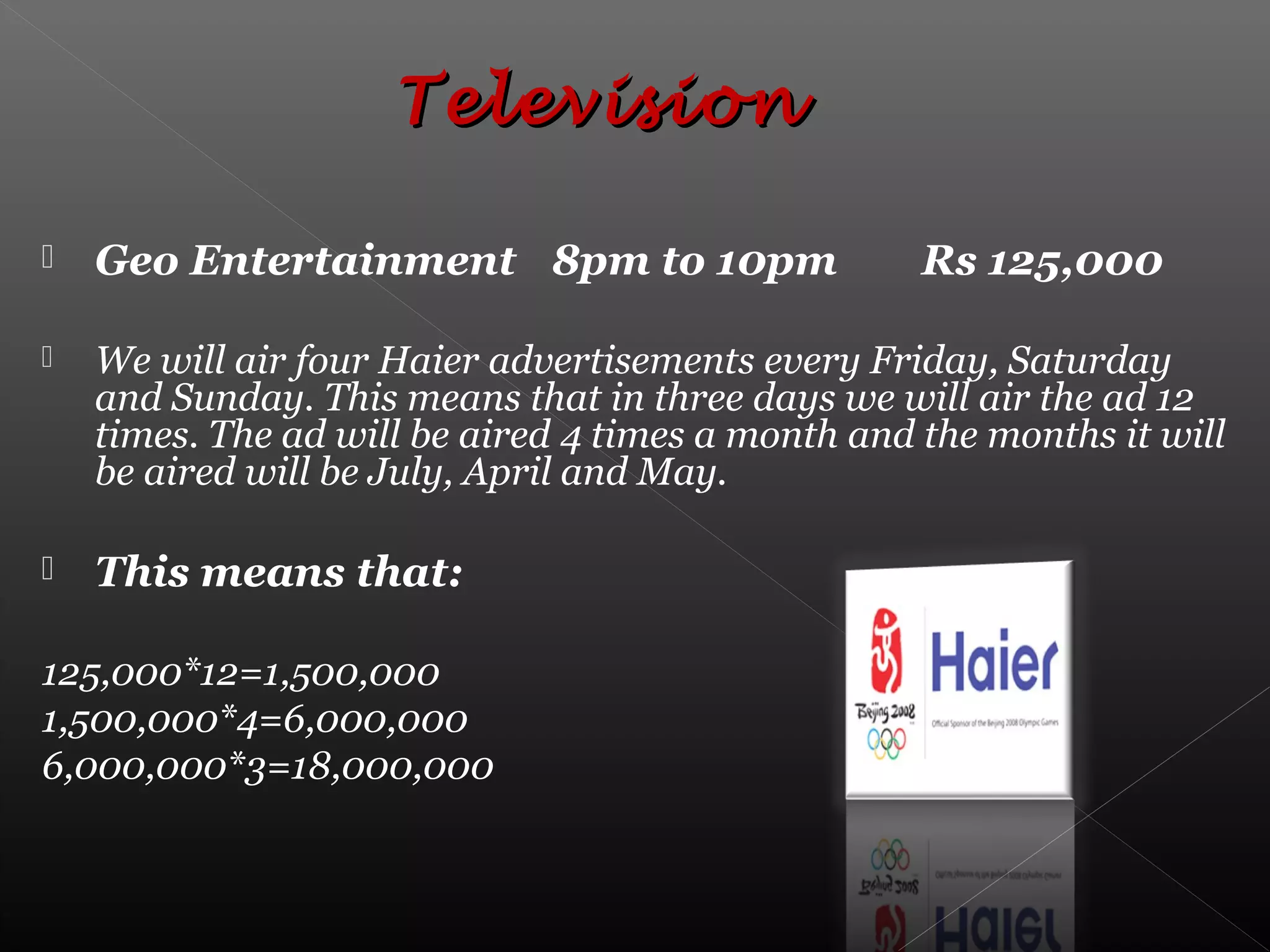  Geo Entertainment 8pm to 10pm Rs 125,000
 We will air four Haier advertisements every Friday, Saturday
and Sunday. This means that in three days we will air the ad 12
times. The ad will be aired 4 times a month and the months it will
be aired will be July, April and May.
 This means that:
125,000*12=1,500,000
1,500,000*4=6,000,000
6,000,000*3=18,000,000
TelevisionTelevision
 