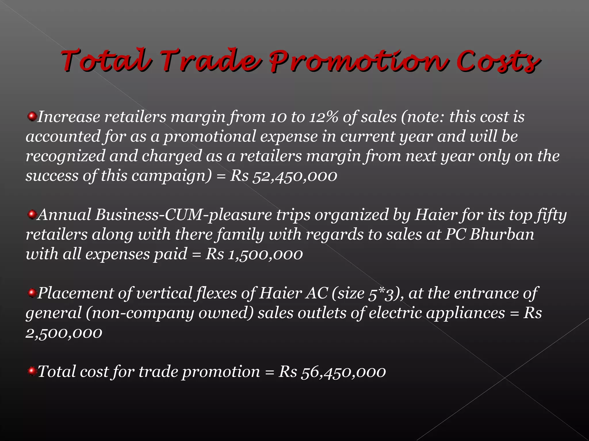 Total Trade Promotion CostsTotal Trade Promotion Costs
Increase retailers margin from 10 to 12% of sales (note: this cost is
accounted for as a promotional expense in current year and will be
recognized and charged as a retailers margin from next year only on the
success of this campaign) = Rs 52,450,000
Annual Business-CUM-pleasure trips organized by Haier for its top fifty
retailers along with there family with regards to sales at PC Bhurban
with all expenses paid = Rs 1,500,000
Placement of vertical flexes of Haier AC (size 5*3), at the entrance of
general (non-company owned) sales outlets of electric appliances = Rs
2,500,000
Total cost for trade promotion = Rs 56,450,000
 