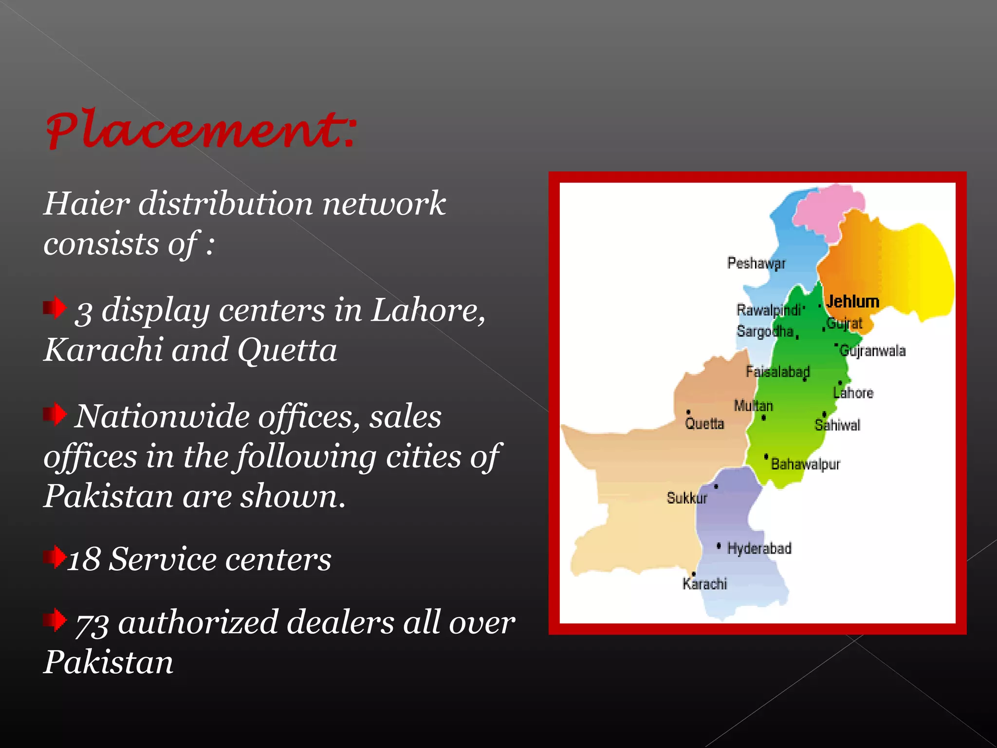 Placement:
Haier distribution network
consists of :
3 display centers in Lahore,
Karachi and Quetta
Nationwide offices, sales
offices in the following cities of
Pakistan are shown.
18 Service centers
73 authorized dealers all over
Pakistan
 