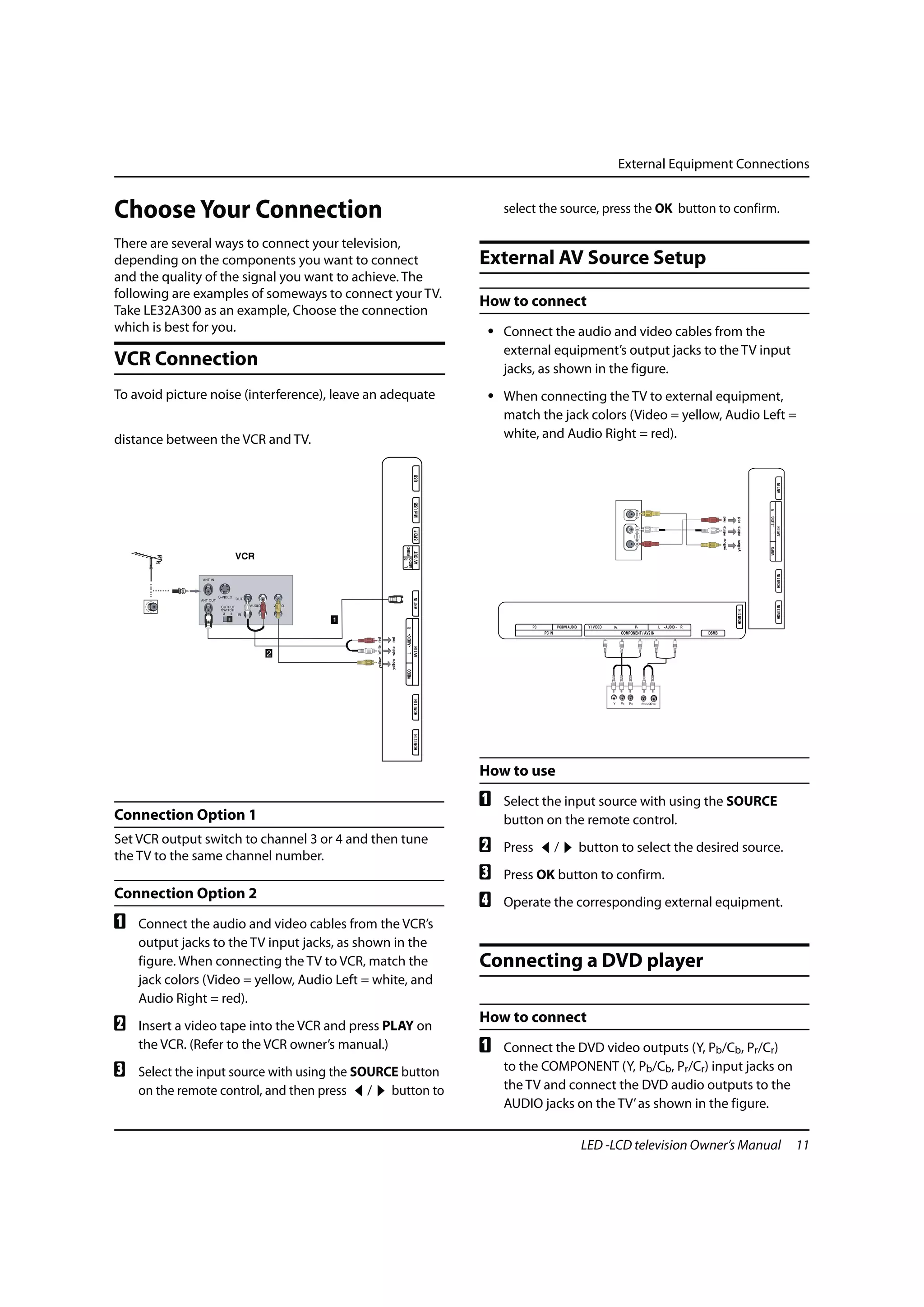 External Equipment Connections


Choose Your Connection                                                          select the source, press the OK button to confirm.

There are several ways to connect your television,
depending on the components you want to connect                             External AV Source Setup
and the quality of the signal you want to achieve. The
following are examples of someways to connect your TV.
                                                                            How to connect
Take LE32A300 as an example, Choose the connection
which is best for you.                                                       • Connect the audio and video cables from the
                                                                               external equipment’s output jacks to the TV input
VCR Connection                                                                 jacks, as shown in the figure.
To avoid picture noise (interference), leave an adequate                     • When connecting the TV to external equipment,
                                                                               match the jack colors (Video = yellow, Audio Left =
distance between the VCR and TV.                                               white, and Audio Right = red).
                                                                USB




                                                                                                                                                                                                      ANT IN
                                                                Mini USB




                                                                                                                                                                                           R
                                                                                                                                                                                           - AUDIO-
                                                                                                                                                                                                      AV1 IN
                                                                SPDIF




                                                                                                                                                                                           L
                                                  AUDIO VIDEO




                                                                                                                                                                                           VIDEO
                                                                AV OUT
                                                  L R




                                                                                                                                                                                                      HDMI 1 IN
                                                                ANT IN




                                                                                                                                                                                                      HDMI 2 IN
                                                                                                                                                                               HDMI 3 IN
                                                                                     PC           PC/DVI AUDIO    Y / VIDEO   Pb          Pr            L - AUDIO - R
                                                    R




                                                                                          PC IN                                    COMPONENT / AV2 IN                   DSMB
                                                     - AUDIO-
                                                                AV1 IN
                                                    LVIDEO
                                                                HDMI 1 IN
                                                                HDMI 2 IN




                                                                            How to use
                                                                            A   Select the input source with using the SOURCE
Connection Option 1                                                             button on the remote control.
Set VCR output switch to channel 3 or 4 and then tune
the TV to the same channel number.
                                                                            B   Press             /              button to select the desired source.
                                                                            C   Press OK button to confirm.
Connection Option 2
                                                                            D   Operate the corresponding external equipment.
A   Connect the audio and video cables from the VCR’s
    output jacks to the TV input jacks, as shown in the
    figure. When connecting the TV to VCR, match the                        Connecting a DVD player
    jack colors (Video = yellow, Audio Left = white, and
    Audio Right = red).
                                                                            How to connect
B   Insert a video tape into the VCR and press PLAY on
    the VCR. (Refer to the VCR owner’s manual.)                             A   Connect the DVD video outputs (Y, Pb/Cb, Pr/Cr)
C   Select the input source with using the SOURCE button                        to the COMPONENT (Y, Pb/Cb, Pr/Cr) input jacks on
    on the remote control, and then press / button to                           the TV and connect the DVD audio outputs to the
                                                                                AUDIO jacks on the TV’ as shown in the figure.

                                                                                                                 LED -LCD television Owner’s Manual                                                               11
 