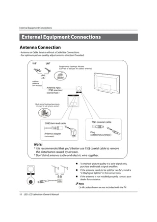 External Equipment Connections



  External Equipment Connections
Antenna Connection
- Antenna or Cable Service without a Cable Box Connections.
- For optimum picture quality, adjust antenna direction if needed.




                 Note:
                 * It is recommended that you'd better use 75 coaxial cable to remove
                   the disturbance caused by airwave.
                 * Don't bind antenna cable and electric wire together.

                                                              To improve picture quality in a poor signal area,
                                                              purchase and install a signal amplifier.
                                                              If the antenna needs to be split for two Tv’s, install a
          ANT.
                                                              "2-WaySignal Splitter" in the connections.
                                                              If the antenna is not installed properly, contact your
                                                              dealer for assistance.
                                                            Note
                                                            ❏ All cables shown are not included with the TV.

10 LED -LCD television Owner’s Manual
 