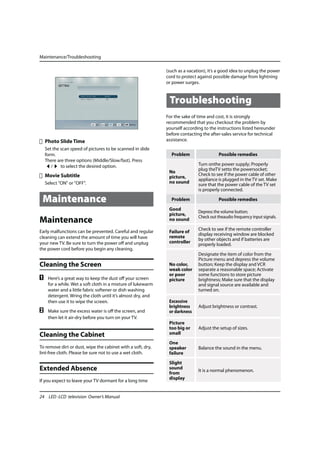 Maintenance/Troubleshooting

                                                              (such as a vacation), it’s a good idea to unplug the power
                                                              cord to protect against possible damage from lightning
                                                              or power surges.



                                                               Troubleshooting
                                                              For the sake of time and cost, it is strongly
                                                              recommended that you checkout the problem by
                                                              yourself according to the instructions listed hereunder
                                                              before contacting the after-sales service for technical
    Photo Slide Time                                          assistance.
    Set the scan speed of pictures to be scanned in slide
    form.                                                       Problem                  Possible remedies
    There are three options (Middle/Slow/fast). Press
       /    to select the desired option.                                     Turn onthe power supply; Properly
                                                                              plug theTV setto the powersocket;
                                                               No
    Movie Subtitle                                                            Check to see if the power cable of other
                                                               picture,
                                                                              appliance is plugged in the TV set. Make
    Select "ON" or "OFF".                                      no sound
                                                                              sure that the power cable of the TV set
                                                                              is properly connected.

 Maintenance                                                    Problem                  Possible remedies

                                                               Good
                                                                              Depress the volume button;
                                                               picture,
                                                                              Check out theaudio frequency input signals.
Maintenance                                                    no sound

Early malfunctions can be prevented. Careful and regular                      Check to see if the remote controller
                                                               Failure of
                                                                              display receiving window are blocked
cleaning can extend the amount of time you will have           remote
                                                                              by other objects and if batteries are
your new TV. Be sure to turn the power off and unplug          controller
                                                                              properly loaded.
the power cord before you begin any cleaning.
                                                                              Designate the item of color from the
                                                                              Picture menu and depress the volume
Cleaning the Screen                                            No color,      button; Keep the display and VCR
                                                               weak color     separate a reasonable space; Activate
                                                               or poor        some functions to store picture
A    Here’s a great way to keep the dust off your screen       picture        brightness; Make sure that the display
     for a while. Wet a soft cloth in a mixture of lukewarm                   and signal source are available and
     water and a little fabric softener or dish washing                       turned on.
     detergent. Wring the cloth until it’s almost dry, and
     then use it to wipe the screen.                           Excessive
                                                               brightness     Adjust brightness or contrast.
B    Make sure the excess water is off the screen, and         or darkness
     then let it air-dry before you turn on your TV.
                                                               Picture
                                                               too big or     Adjust the setup of sizes.
Cleaning the Cabinet                                           small

                                                               One
To remove dirt or dust, wipe the cabinet with a soft, dry,     speaker        Balance the sound in the menu.
lint-free cloth. Please be sure not to use a wet cloth.        failure

                                                               Slight
Extended Absence                                               sound
                                                                              It is a normal phenomenon.
                                                               from
                                                               display
If you expect to leave your TV dormant for a long time


24 LED -LCD television Owner’s Manual
 