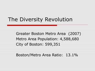 The Diversity Revolution
Greater Boston Metro Area (2007)
Metro Area Population: 4,588,680
City of Boston: 599,351
Boston/Metro Area Ratio: 13.1%
 