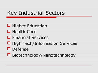 Key Industrial Sectors
 Higher Education
 Health Care
 Financial Services
 High Tech/Information Services
 Defense
 Biotechnology/Nanotechnology
 