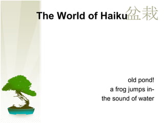 old pond! 
The World of Haiku 
a frog jumps in-the 
sound of water 
 
