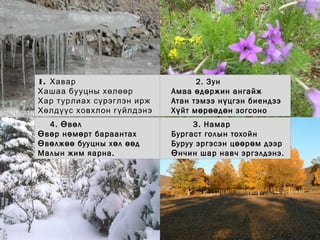 1. Хавар
Хашаа бууцны хөлөөр
Хар турлиах сүрэглэн ирж
Хөлдүүс ховхлон гүйлдэнэ
2. Зун
Амаа д ржин ангайжө ө
Атан тэмээ н цгэн биендээү
Х йт м р д н зогсоноү ө өө ө
4. в лӨ ө
в р н м рт бараантахӨ ө ө ө
в лж бууцны х л дӨ ө өө ө өө
Малын жим яарна.
3. Намар
Бургаст голын тохойн
Буруу эргэсэн ц р м дээрөө ө
нчин шар навч эргэлдэнэ.Ө
 
